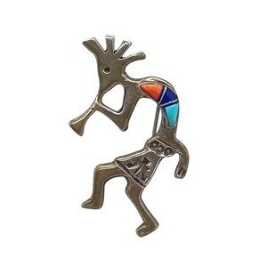 Vtg Arnold Maloney M Sterling Silver Inlay Gemstone Kokopelli Pendant Brooch